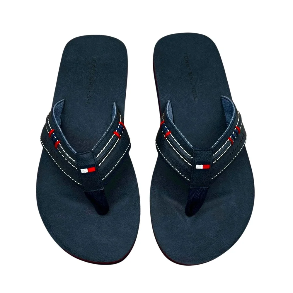 Tommy Hilfiger Mens Destino Thong Sandal Size 10 Dark Blue Faux Leather Flexible